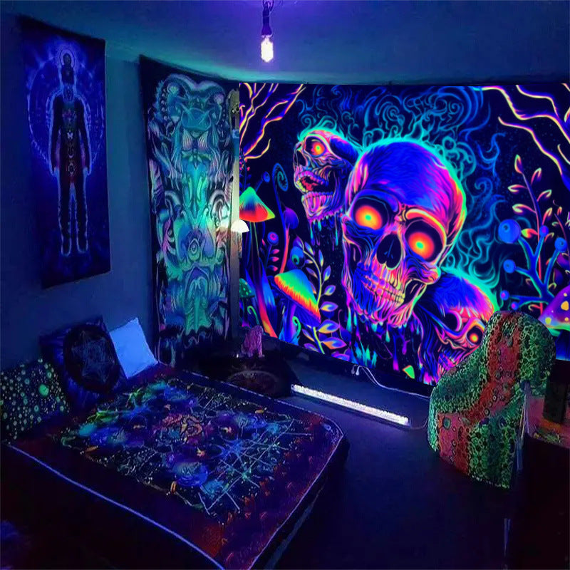 KTX-583699 Fluorescent Skull Geometric Abstract Tapestry - UV Black Light Background Fabric