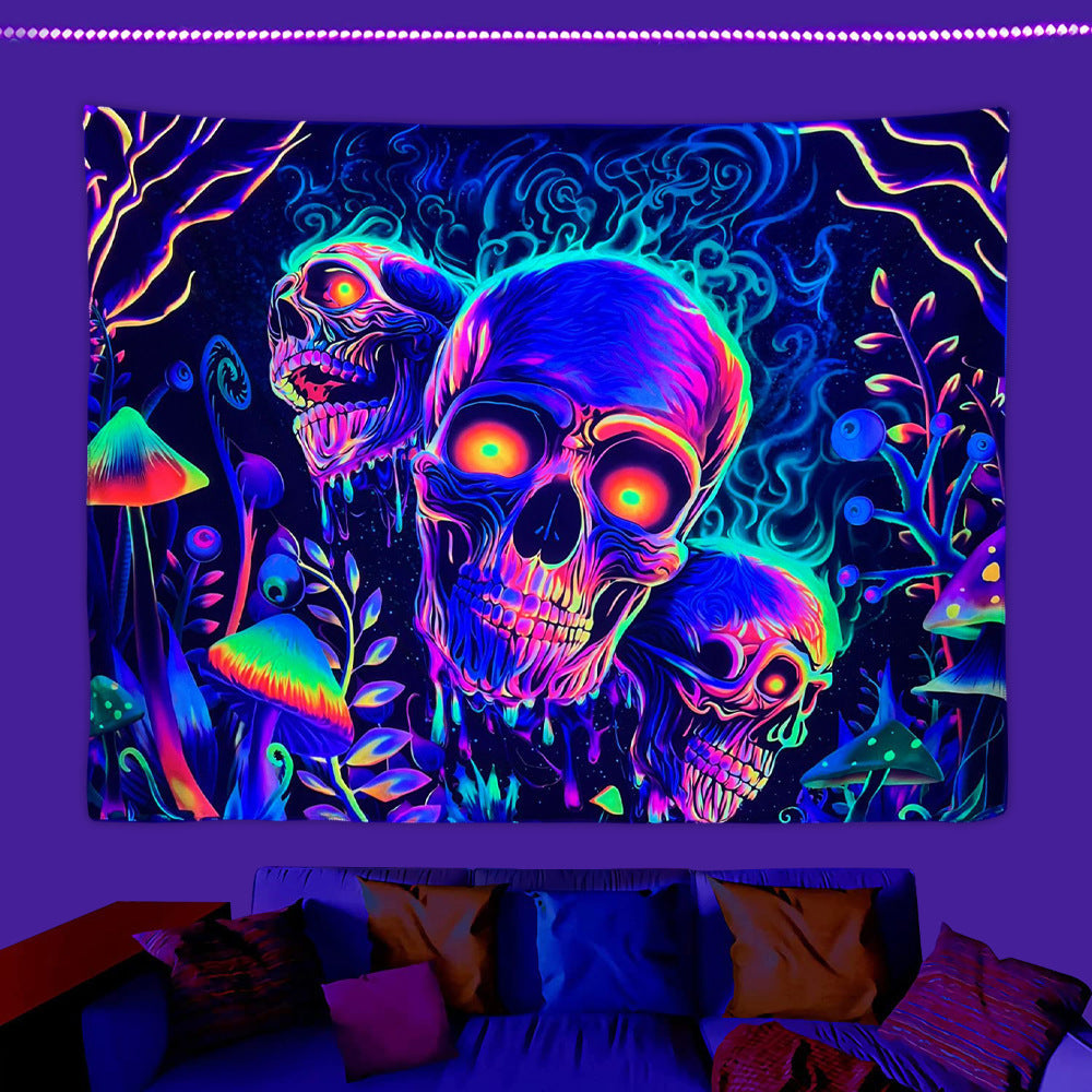 KTX-583699 Fluorescent Skull Geometric Abstract Tapestry - UV Black Light Background Fabric