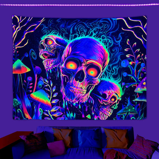 KTX-583699 Fluorescent Skull Geometric Abstract Tapestry - UV Black Light Background Fabric