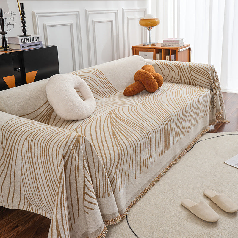 KTX-583827 Chenille Line Sofa Cover with Tassel Blanket for Home Décor