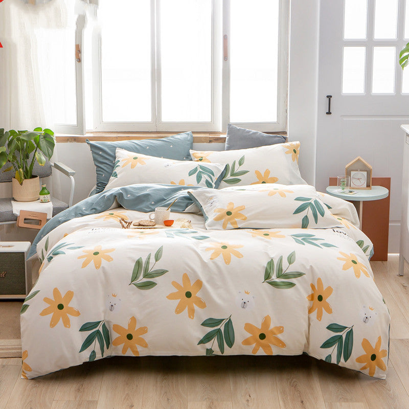 KTX-585171 Cotton 4-Piece Bedding Set with Floral and Plant Patterns