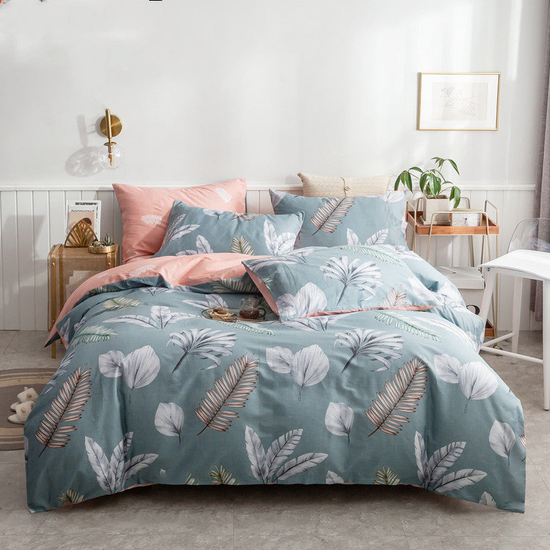 KTX-585171 Cotton 4-Piece Bedding Set with Floral and Plant Patterns