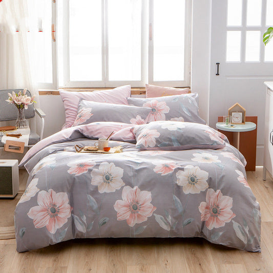 KTX-585171 Cotton 4-Piece Bedding Set with Floral and Plant Patterns