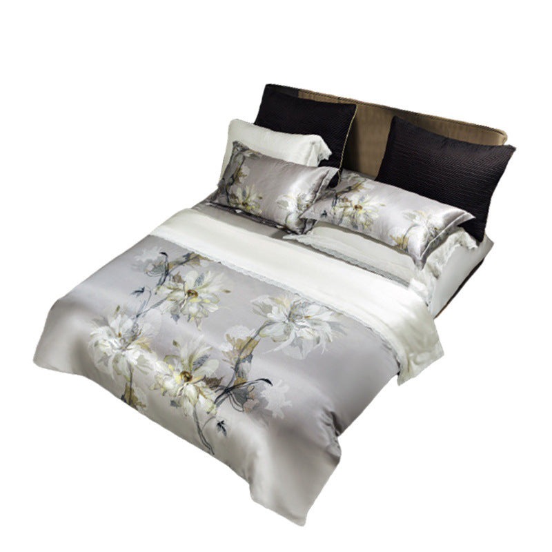 KTX-585491 Digital Printed Four-Piece Bedding Set with Plant and Flower Design, Silk Material, 220x240cm