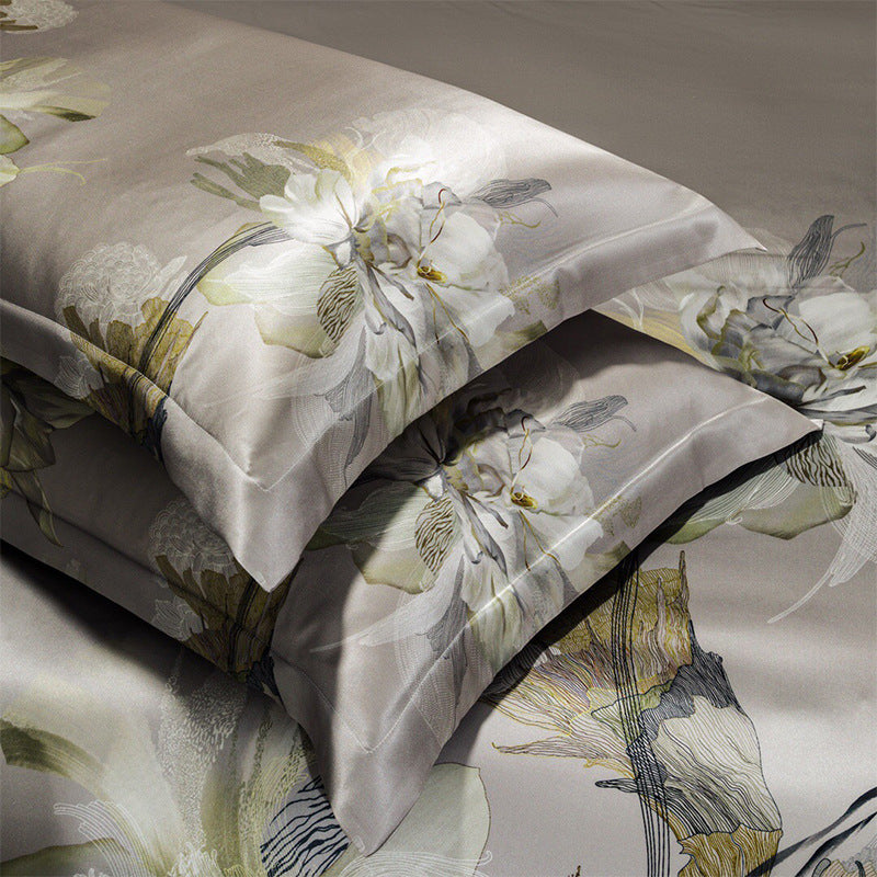 KTX-585491 Digital Printed Four-Piece Bedding Set with Plant and Flower Design, Silk Material, 220x240cm