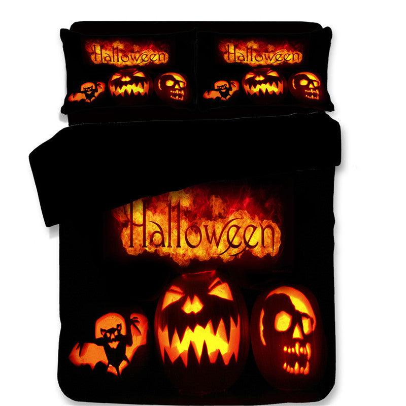 KTX-587795 Halloween-Themed 4-Piece Cotton Bedding Set - Duvet Cover and Pillow Cases in Twin, Full, Queen, or King Sizes
