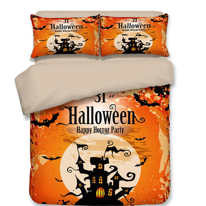 KTX-587795 Halloween-Themed 4-Piece Cotton Bedding Set - Duvet Cover and Pillow Cases in Twin, Full, Queen, or King Sizes