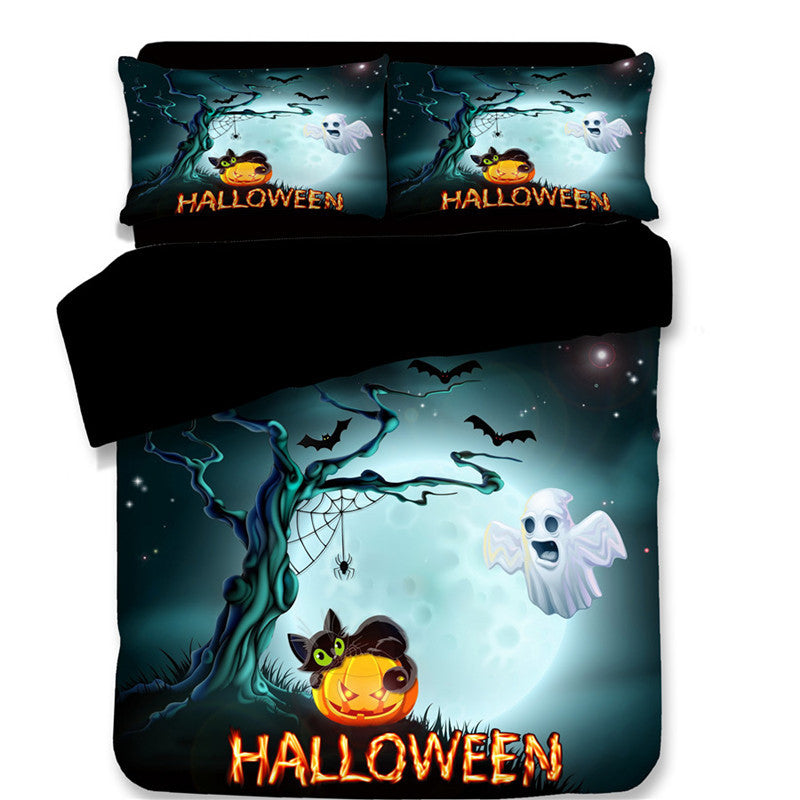 KTX-587795 Halloween-Themed 4-Piece Cotton Bedding Set - Duvet Cover and Pillow Cases in Twin, Full, Queen, or King Sizes