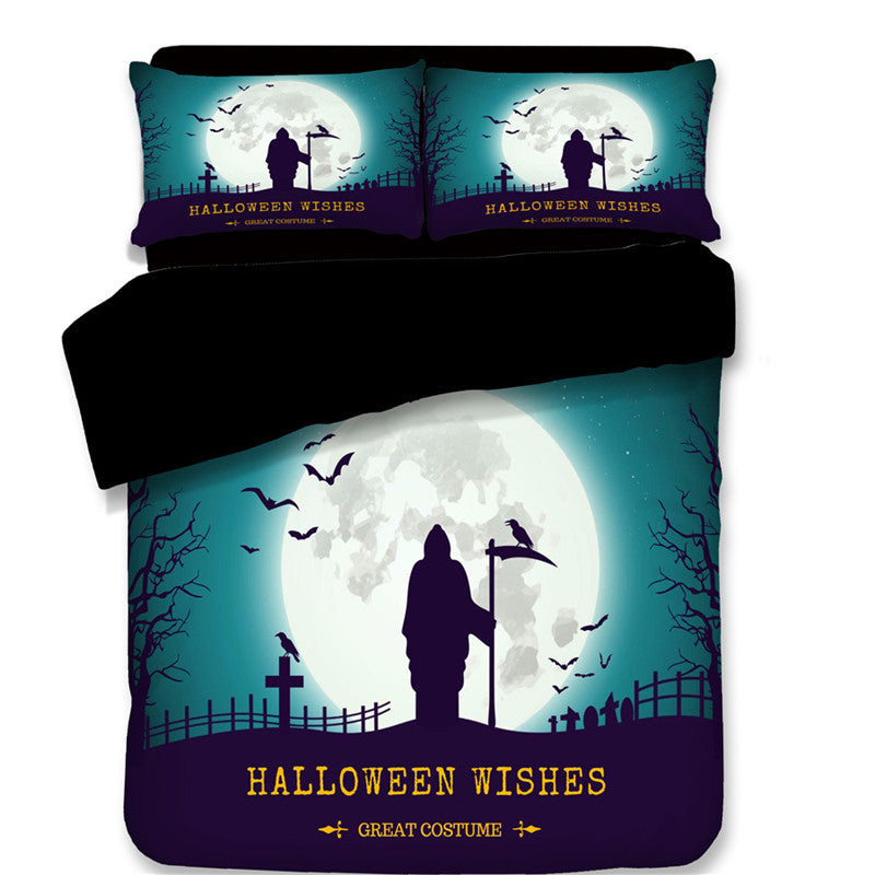 KTX-587795 Halloween-Themed 4-Piece Cotton Bedding Set - Duvet Cover and Pillow Cases in Twin, Full, Queen, or King Sizes
