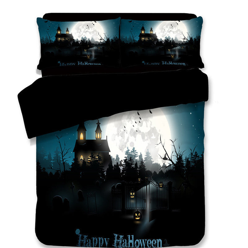 KTX-587795 Halloween-Themed 4-Piece Cotton Bedding Set - Duvet Cover and Pillow Cases in Twin, Full, Queen, or King Sizes