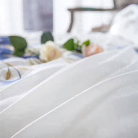 KTX-588947 Satin Embroidered Flower Cotton Quilt Cover Set - American Style, Blue Enchantress, Four-Piece or Six-Piece Options Available