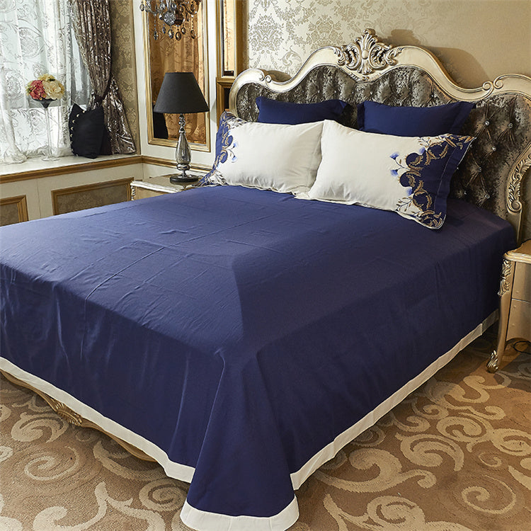KTX-588947 Satin Embroidered Flower Cotton Quilt Cover Set - American Style, Blue Enchantress, Four-Piece or Six-Piece Options Available