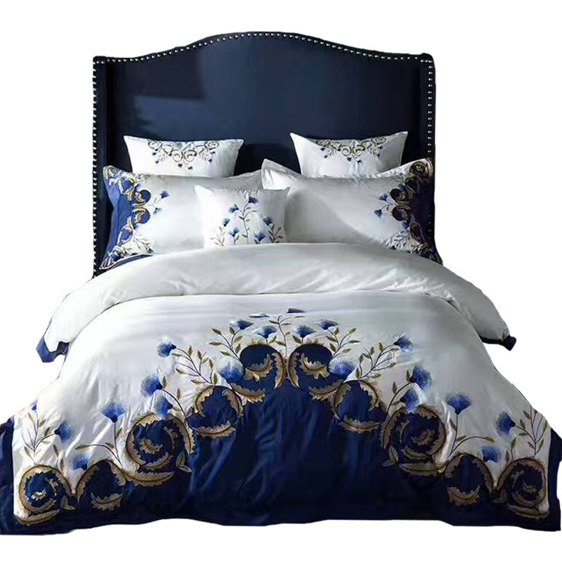 KTX-588947 Satin Embroidered Flower Cotton Quilt Cover Set - American Style, Blue Enchantress, Four-Piece or Six-Piece Options Available