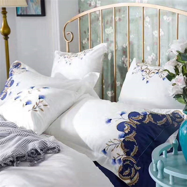 KTX-588947 Satin Embroidered Flower Cotton Quilt Cover Set - American Style, Blue Enchantress, Four-Piece or Six-Piece Options Available