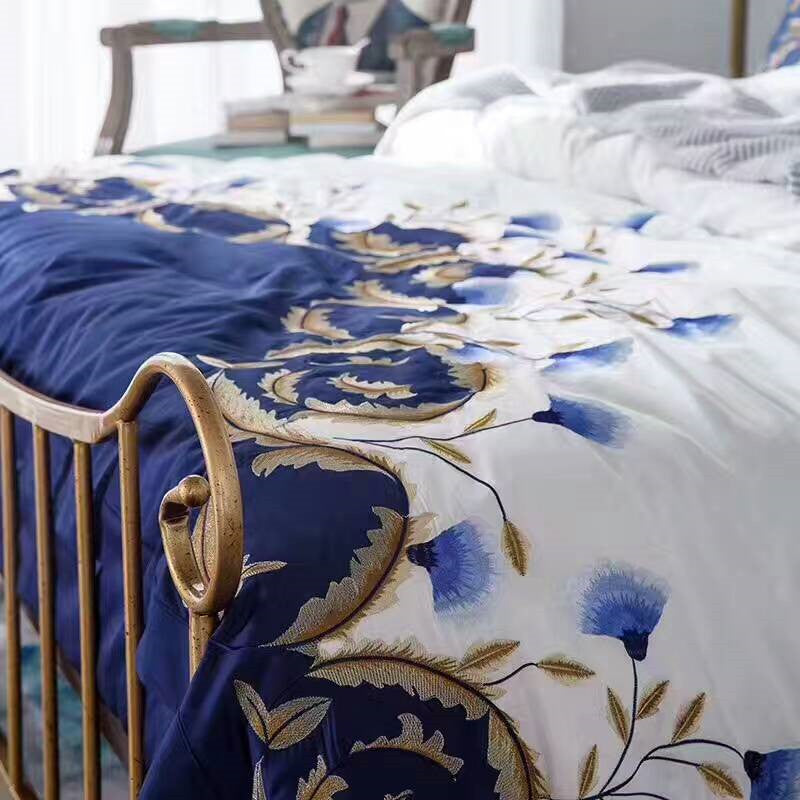 KTX-588947 Satin Embroidered Flower Cotton Quilt Cover Set - American Style, Blue Enchantress, Four-Piece or Six-Piece Options Available