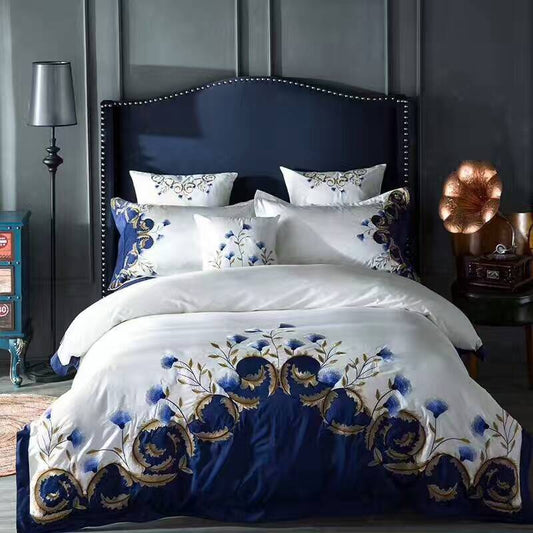 KTX-588947 Satin Embroidered Flower Cotton Quilt Cover Set - American Style, Blue Enchantress, Four-Piece or Six-Piece Options Available