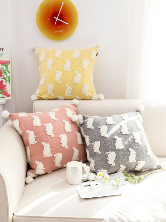 KTX-592979 Cute Rabbit Pillow Cover for Children's Room in Cream Yellow and Floral Gray