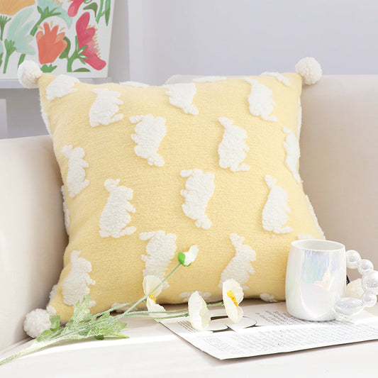 KTX-592979 Cute Rabbit Pillow Cover for Children's Room in Cream Yellow and Floral Gray