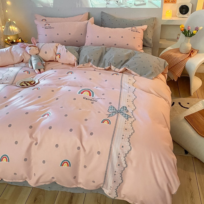 KTX-593235 Cozy Four-Piece Thick Brushed Washed Cotton Bedding Set with Double Duvet Cover