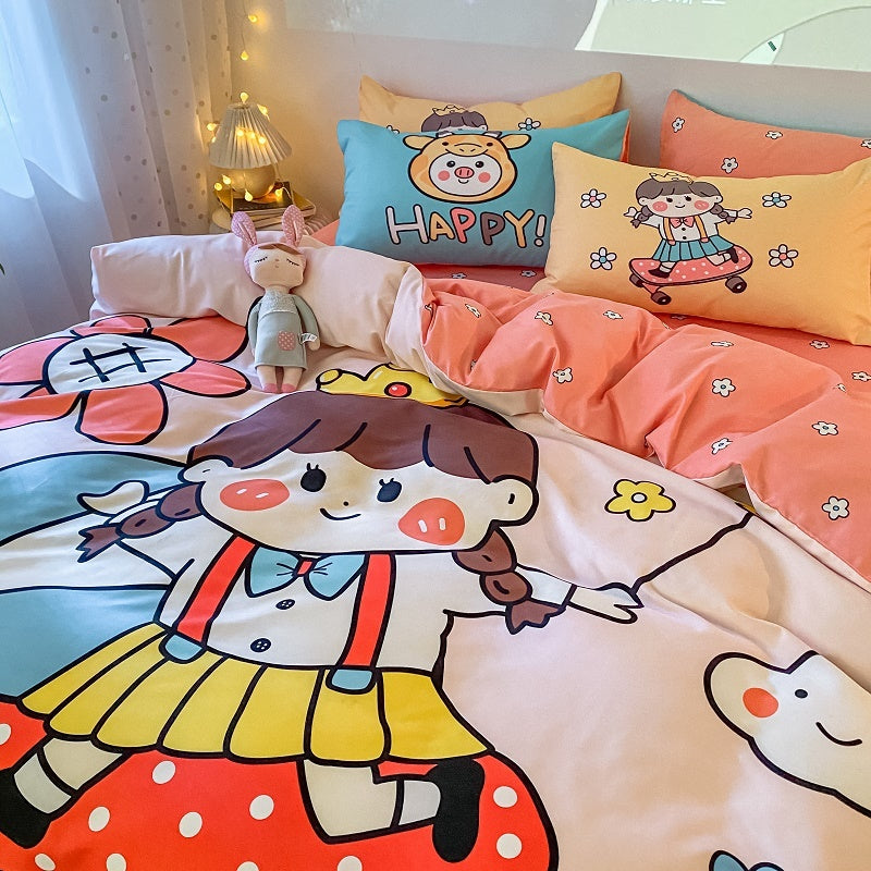 KTX-593235 Cozy Four-Piece Thick Brushed Washed Cotton Bedding Set with Double Duvet Cover