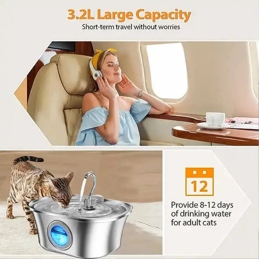 KTX-594835 Stainless Steel Cat Water Fountain with Water Level Window, 3.2L Capacity, Boat-Shaped Design