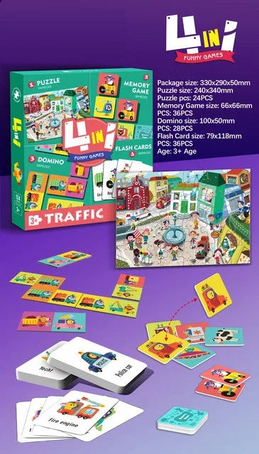KTX-594899 Custom 4-in-1 Cartoon Puzzle and Memory Game Set for Kids - Educational Flash Cards and Jigsaw Fun