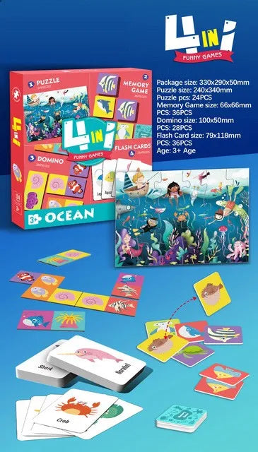 KTX-594899 Custom 4-in-1 Cartoon Puzzle and Memory Game Set for Kids - Educational Flash Cards and Jigsaw Fun