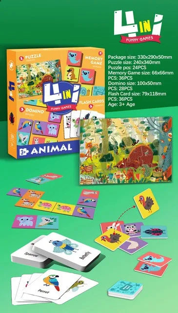 KTX-594899 Custom 4-in-1 Cartoon Puzzle and Memory Game Set for Kids - Educational Flash Cards and Jigsaw Fun