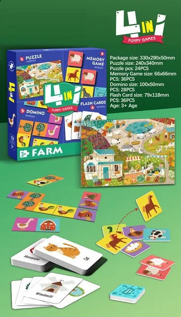 KTX-594899 Custom 4-in-1 Cartoon Puzzle and Memory Game Set for Kids - Educational Flash Cards and Jigsaw Fun
