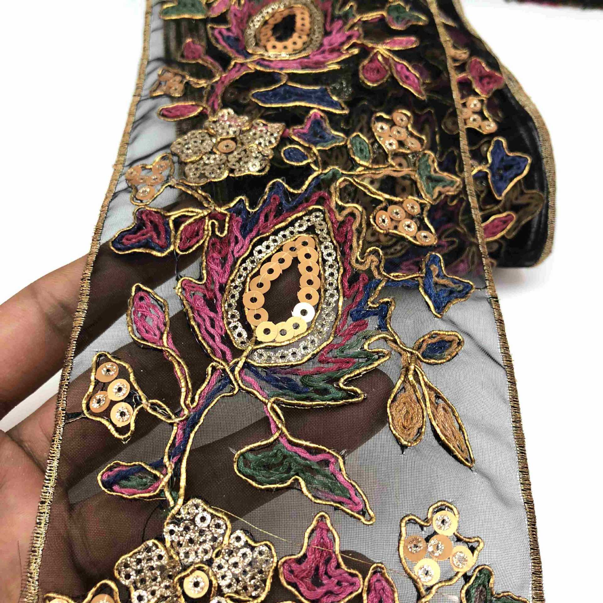 KTX-595155 Retro Ethnic Sequin Lace Embroidered Ribbon - Gold Strand Rope - 10 Yards