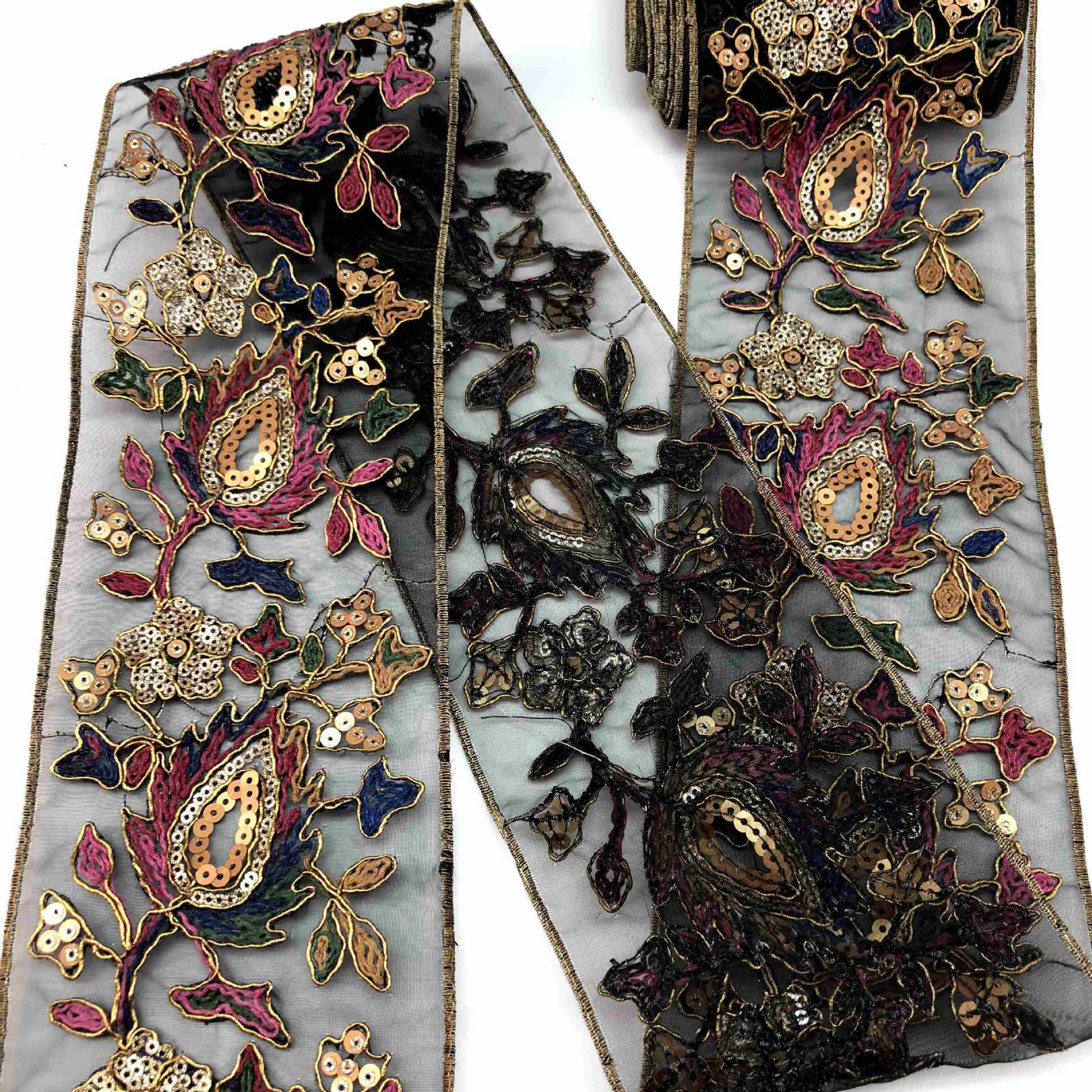 KTX-595155 Retro Ethnic Sequin Lace Embroidered Ribbon - Gold Strand Rope - 10 Yards