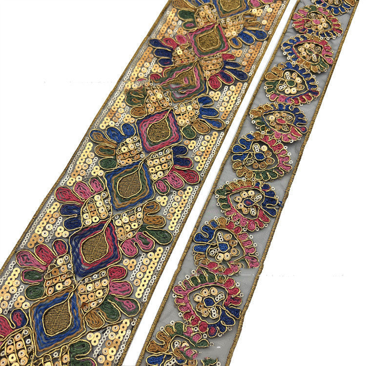 KTX-595155 Retro Ethnic Sequin Lace Embroidered Ribbon - Gold Strand Rope - 10 Yards