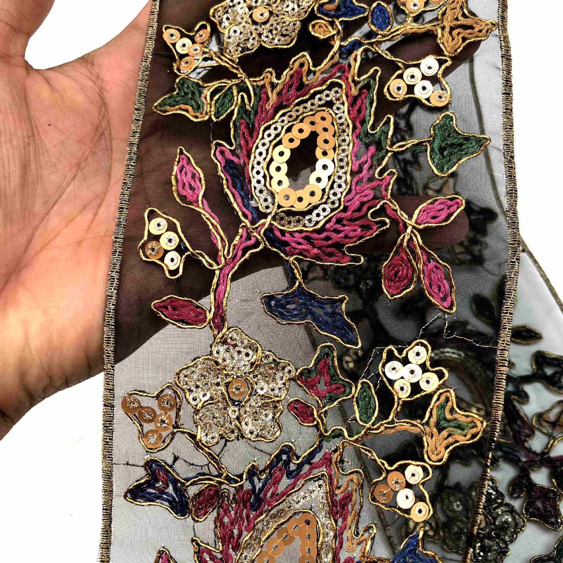 KTX-595155 Retro Ethnic Sequin Lace Embroidered Ribbon - Gold Strand Rope - 10 Yards