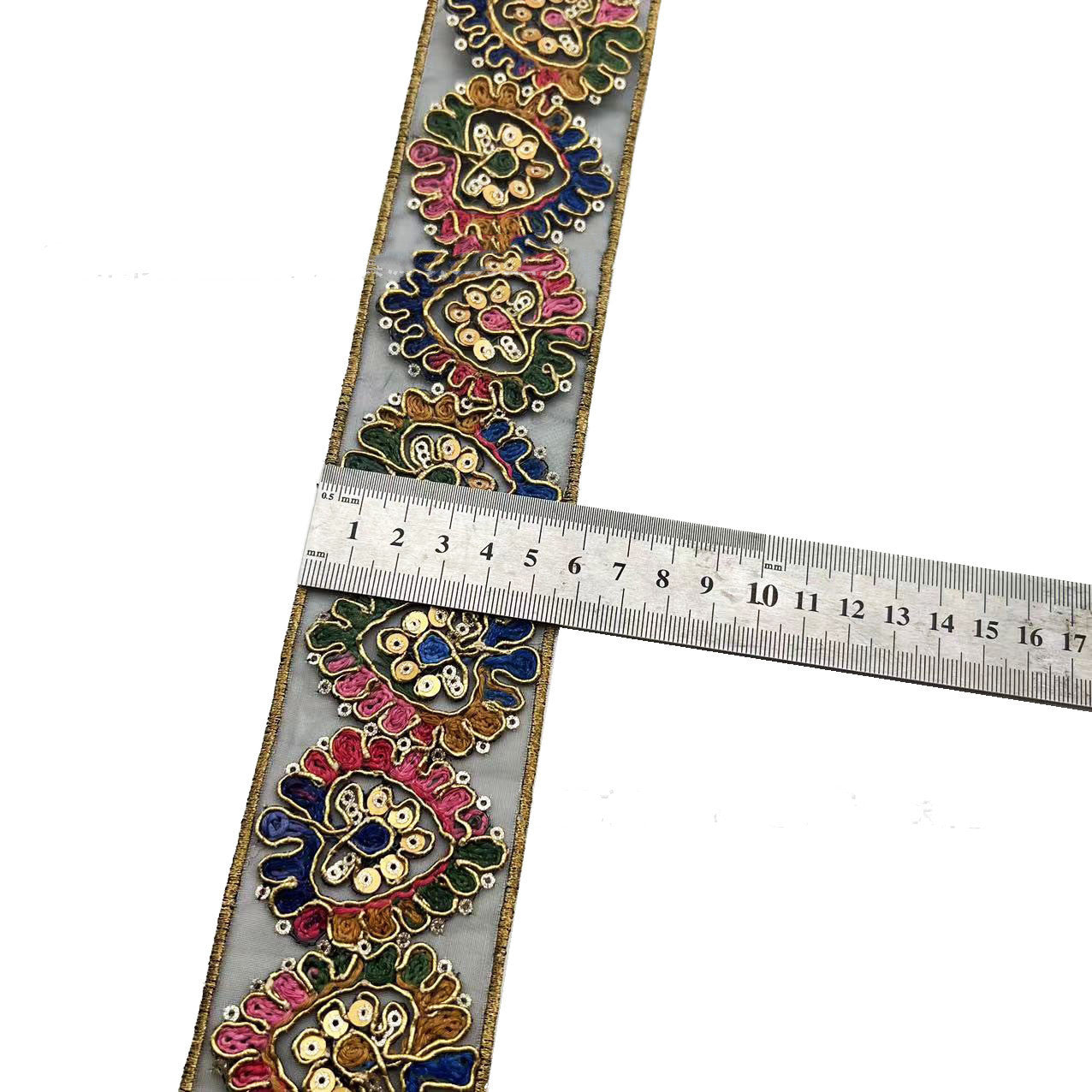 KTX-595155 Retro Ethnic Sequin Lace Embroidered Ribbon - Gold Strand Rope - 10 Yards