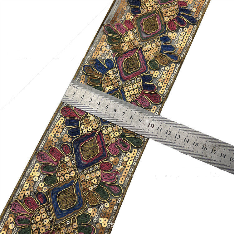 KTX-595155 Retro Ethnic Sequin Lace Embroidered Ribbon - Gold Strand Rope - 10 Yards