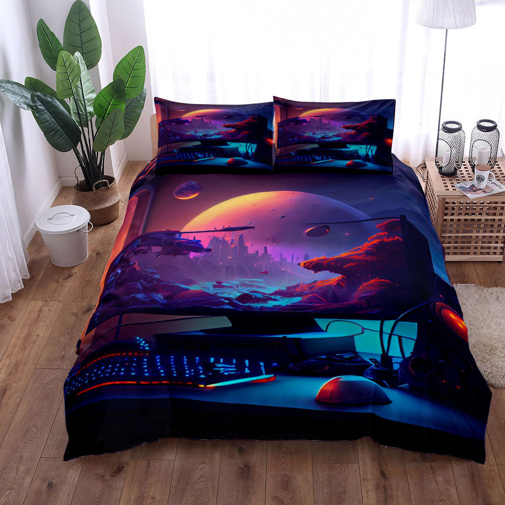 KTX-596179 Gamepad Pattern Three-Piece Bed Sheet Set with Duvet Cover and Pillowcases, Available in Multiple Sizes