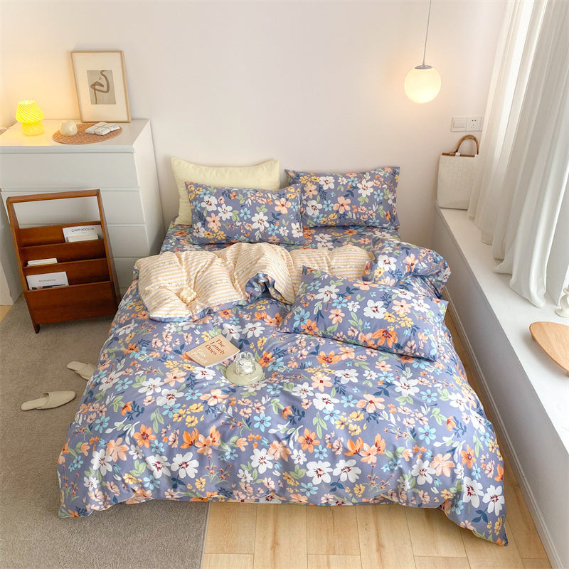 KTX-597843 4-Piece Cotton Bed Sheet Set with Quilt Cover - Soft Heart Design - Cozy and Stylish for All Seasons