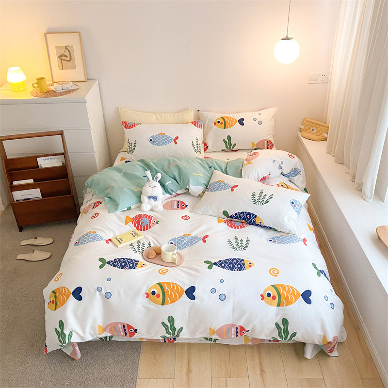 KTX-597843 4-Piece Cotton Bed Sheet Set with Quilt Cover - Soft Heart Design - Cozy and Stylish for All Seasons