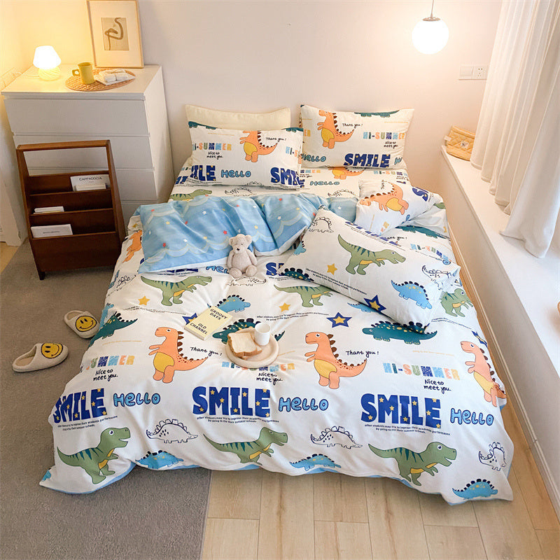 KTX-597843 4-Piece Cotton Bed Sheet Set with Quilt Cover - Soft Heart Design - Cozy and Stylish for All Seasons