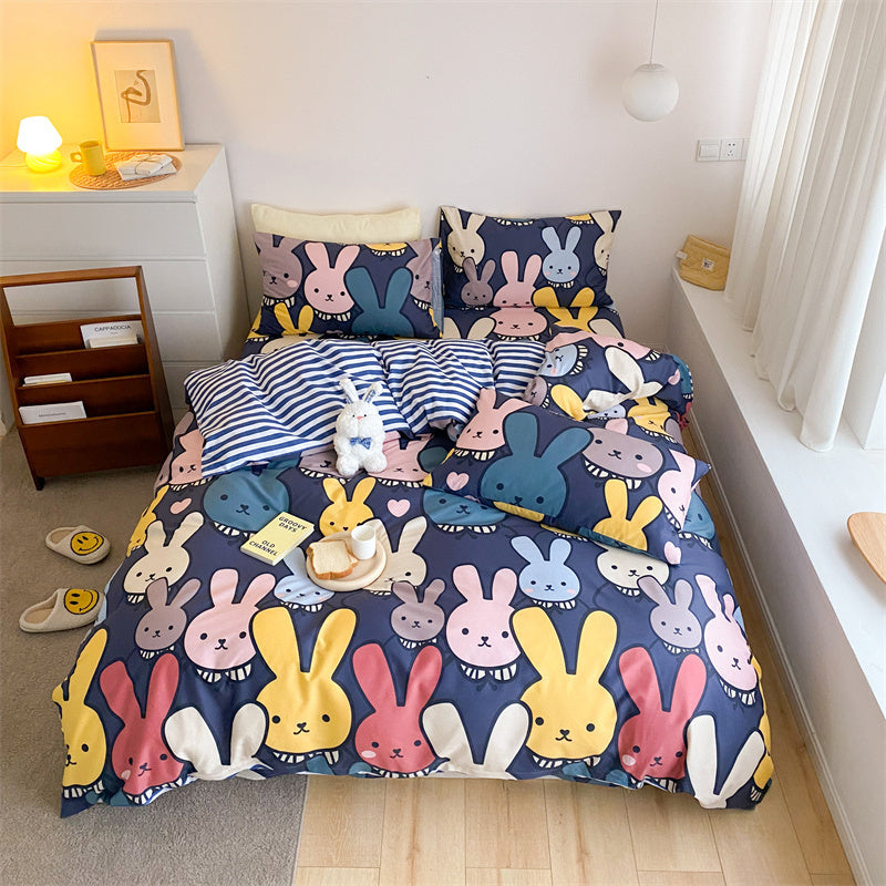 KTX-597843 4-Piece Cotton Bed Sheet Set with Quilt Cover - Soft Heart Design - Cozy and Stylish for All Seasons