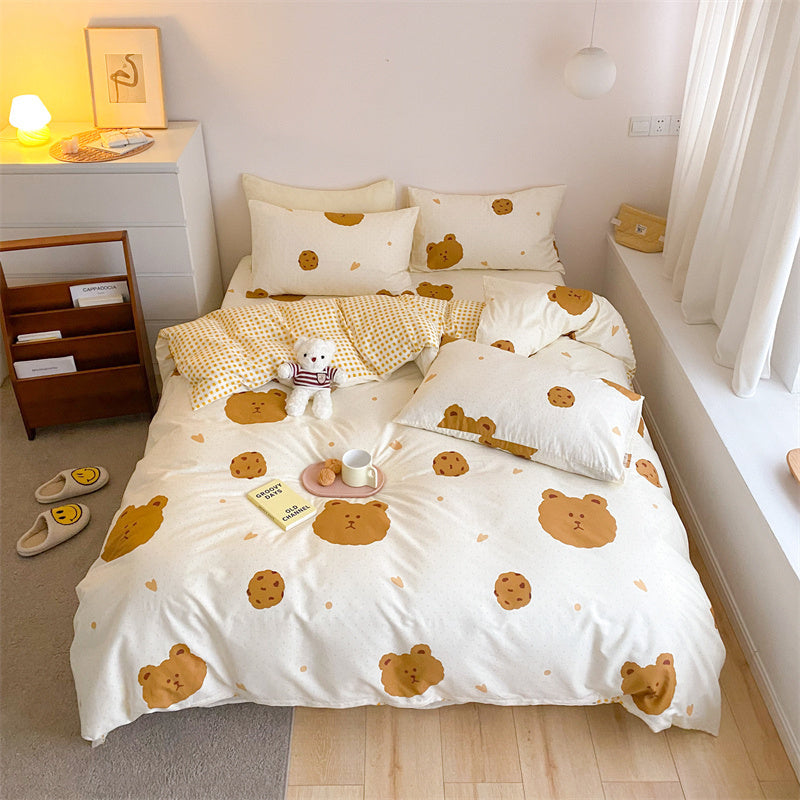 KTX-597843 4-Piece Cotton Bed Sheet Set with Quilt Cover - Soft Heart Design - Cozy and Stylish for All Seasons