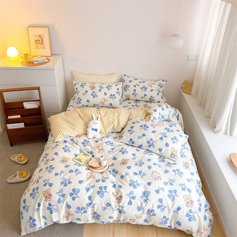 KTX-597843 4-Piece Cotton Bed Sheet Set with Quilt Cover - Soft Heart Design - Cozy and Stylish for All Seasons