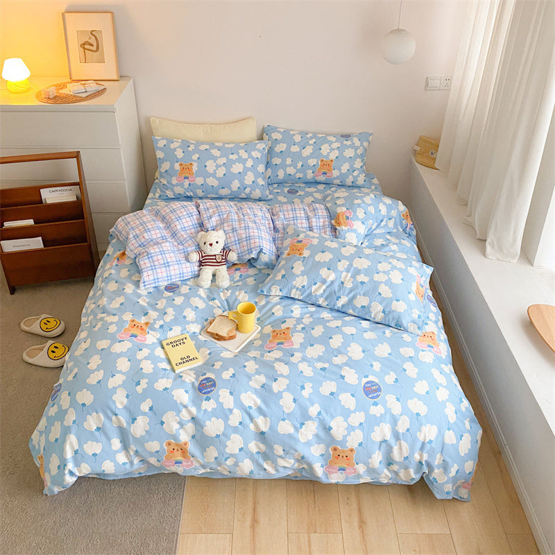 KTX-597843 4-Piece Cotton Bed Sheet Set with Quilt Cover - Soft Heart Design - Cozy and Stylish for All Seasons