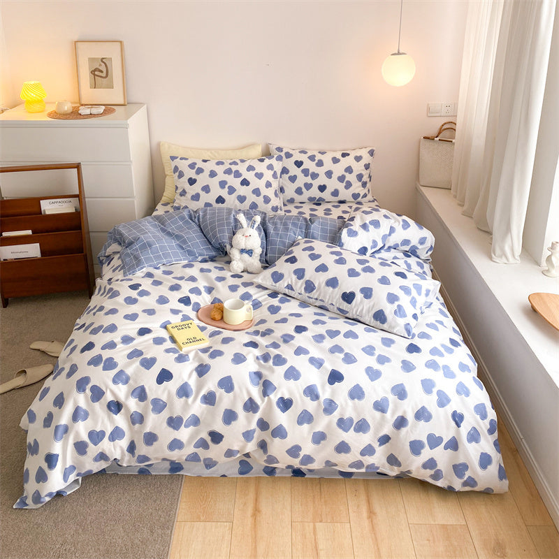 KTX-597843 4-Piece Cotton Bed Sheet Set with Quilt Cover - Soft Heart Design - Cozy and Stylish for All Seasons
