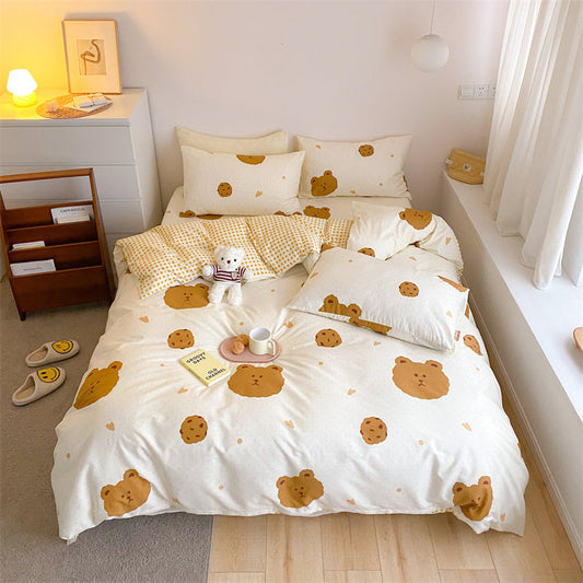 KTX-597843 4-Piece Cotton Bed Sheet Set with Quilt Cover - Soft Heart Design - Cozy and Stylish for All Seasons