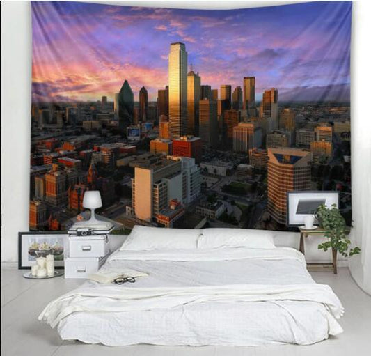 KTX-598227 City Landscape Geometric Design Tapestry - Plush Polyester Fabric Wall Art for Home & Hotel Decor