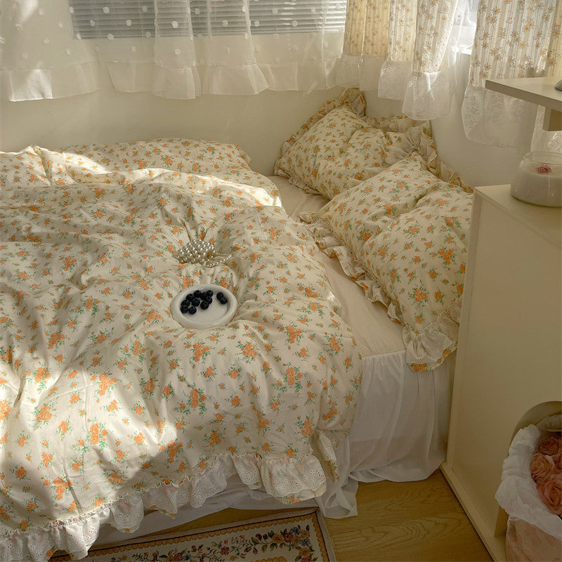 KTX-601299 Cotton Lace Four-Piece Bedding Set with Quilt Cover and Bed Skirt