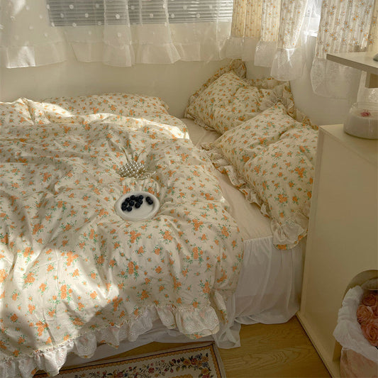 KTX-601299 Cotton Lace Four-Piece Bedding Set with Quilt Cover and Bed Skirt