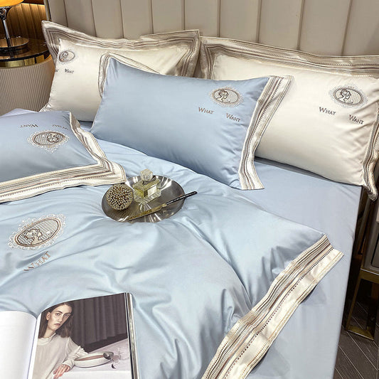 KTX-602451 Elegant Plain Color Cotton Satin Quilt Cover Bedding Set for Various Bed Sizes