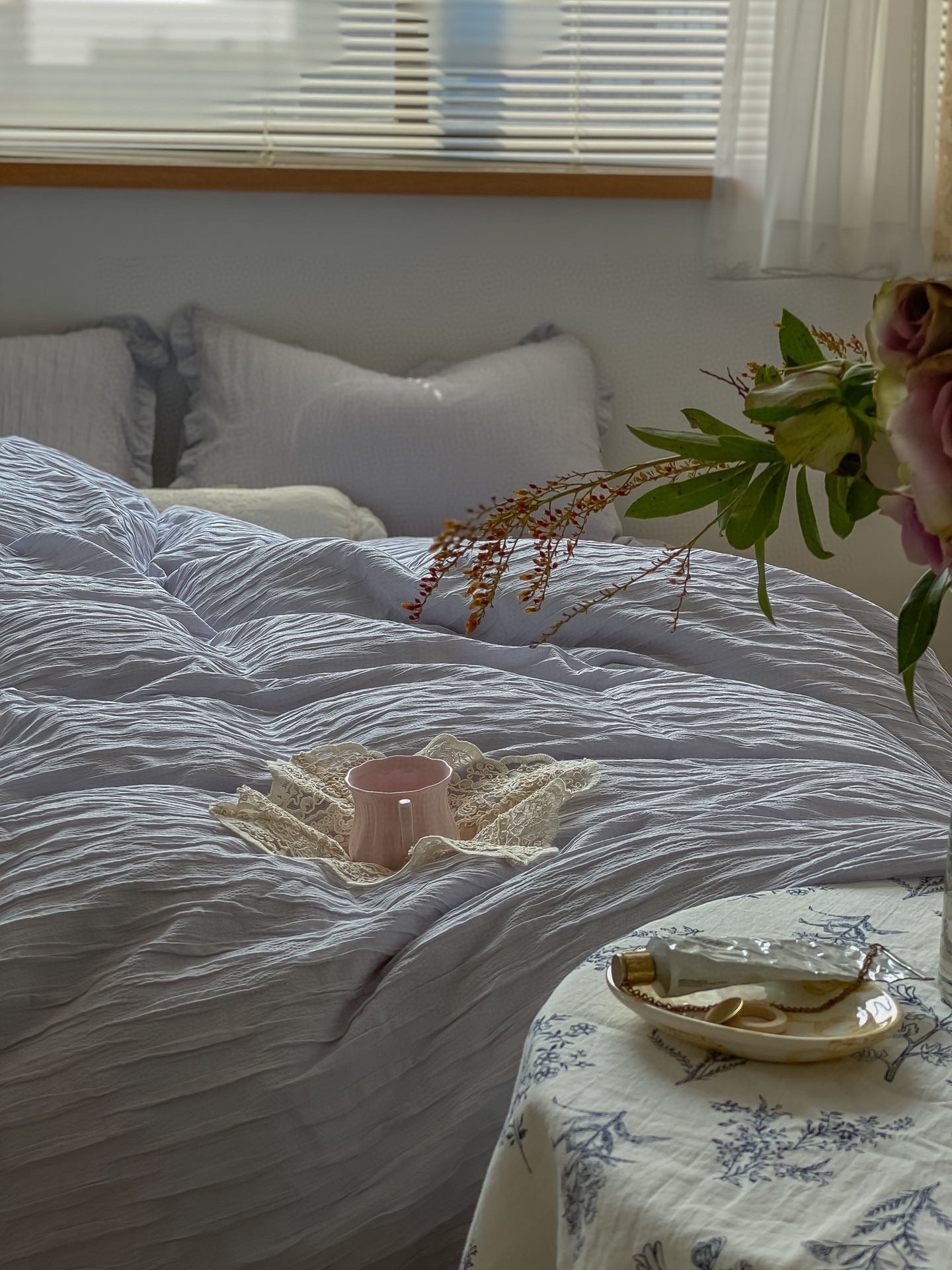 KTX-603283 Washed Cotton Quilt Cover Set - Soft White, Powder, Fog Blue | Various Sizes Available